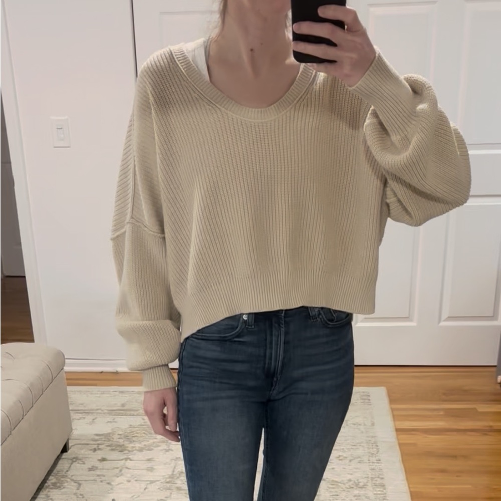 Aerie Cream/Tan Rib Knit Cropped Sweater Size XS